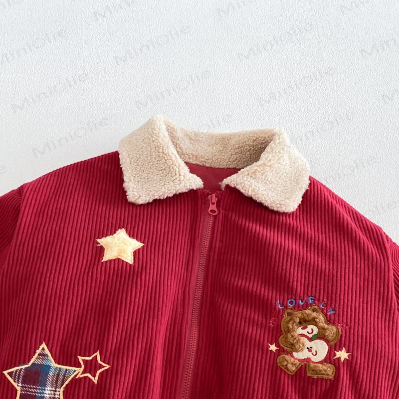 LOVELY Baby Toddler Boy Bear Red Ribbed Corduroy Star Collar Zip Jacket - image 4