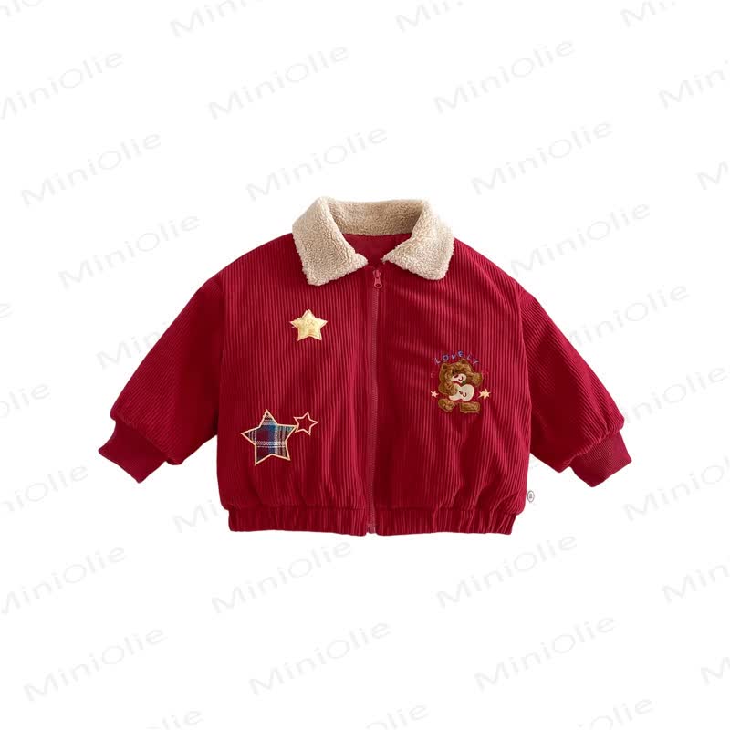 LOVELY Baby Toddler Boy Bear Red Ribbed Corduroy Star Collar Zip Jacket - Red - 4-5T - image 3