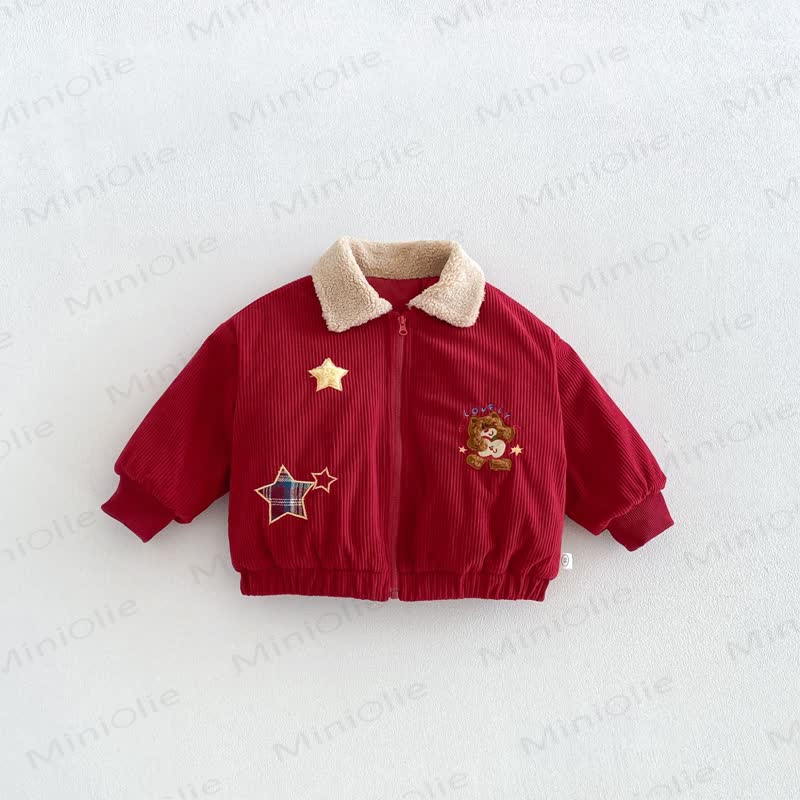 LOVELY Baby Toddler Boy Bear Red Ribbed Corduroy Star Collar Zip Jacket - image 1