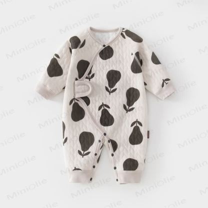 Baby Quilted Animal Fruit Print Wrap Long Sleeve Romper - Pear - 6-12M - image 1