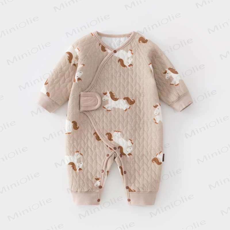 Baby Quilted Animal Fruit Print Wrap Long Sleeve Romper - Horse - 6-12M - image 8