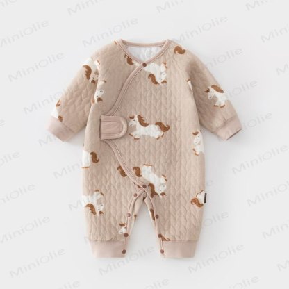 Baby Quilted Animal Fruit Print Wrap Long Sleeve Romper - Horse - 6-12M - image 8