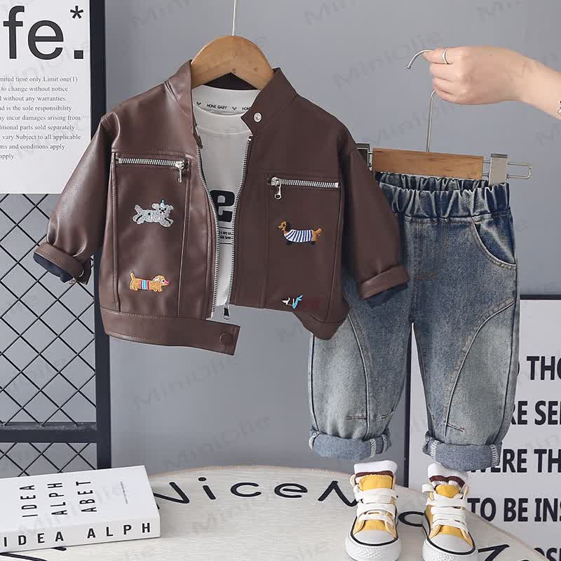 Toddler Casual Cartoon Puppy Jacket and Pants 3-Piece Set - Brown - 4-5T - image 1