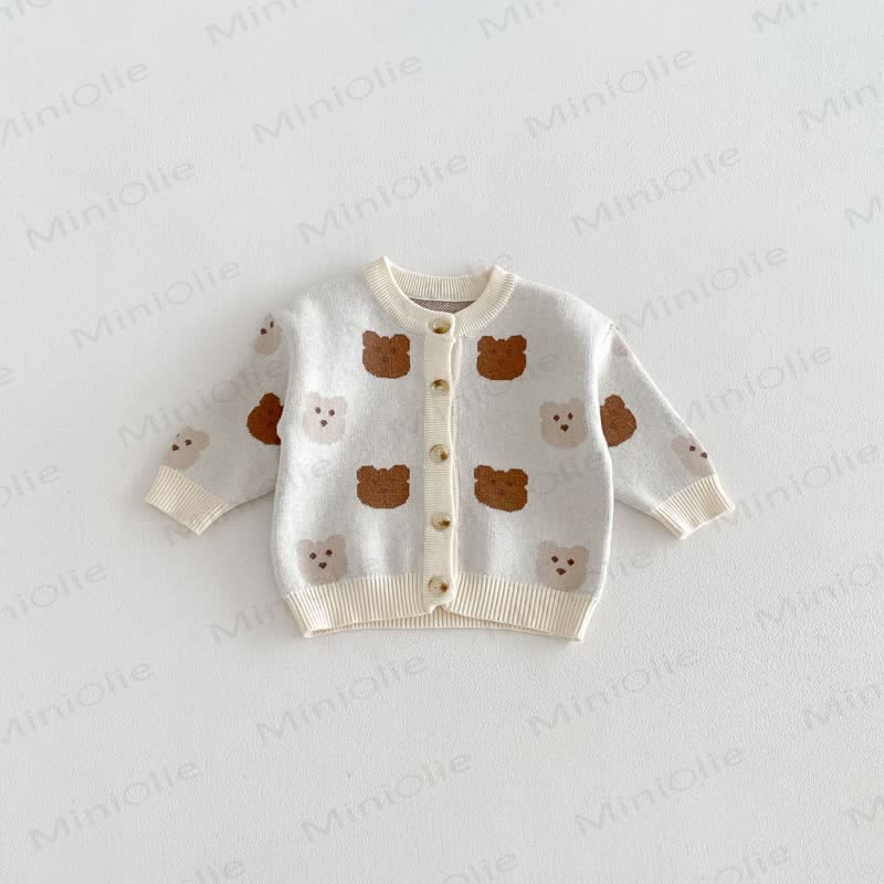Baby Floral/Animal Knit Button Cardigan - Beige Bear - 3-4T - image 4