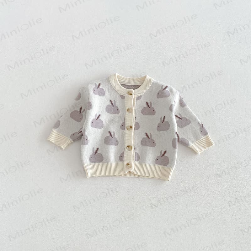 Baby Floral/Animal Knit Button Cardigan - Gray Bunny - 3-4T - image 5