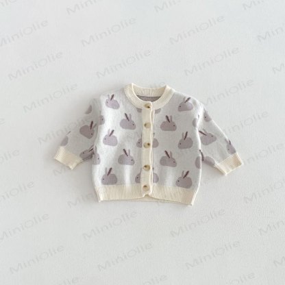 Baby Floral/Animal Knit Button Cardigan - Gray Bunny - 3-4T - image 5