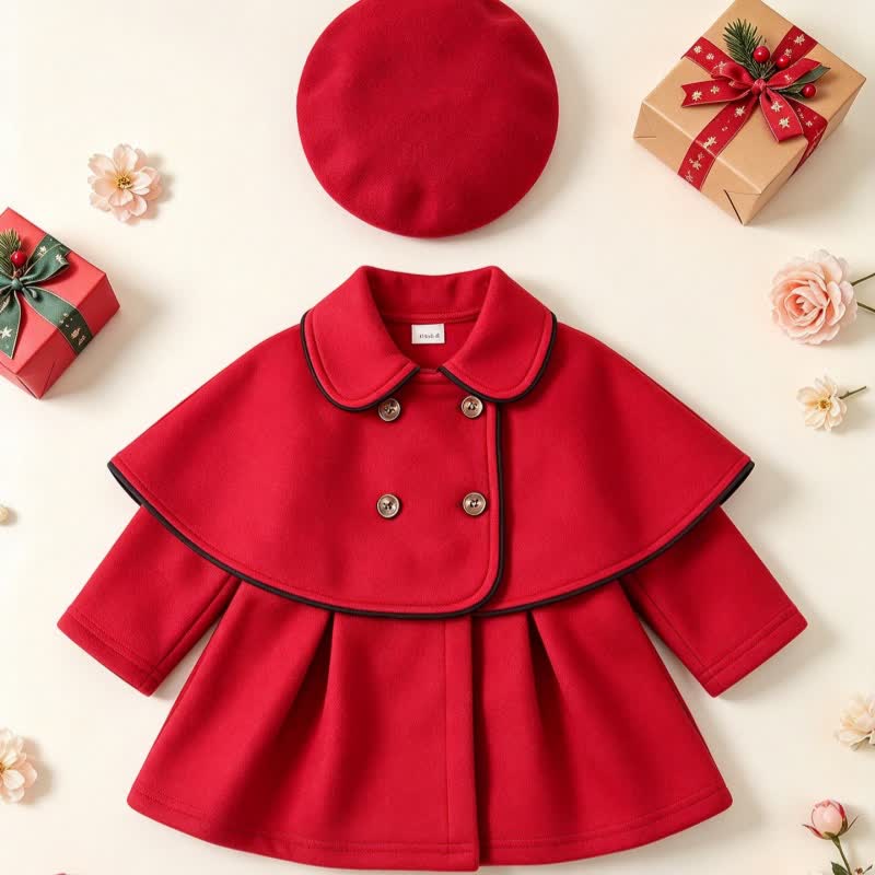 Baby Girl Christmas Cape Doll Collar Outerwear with Hat - Red - 3-4Y - image 3