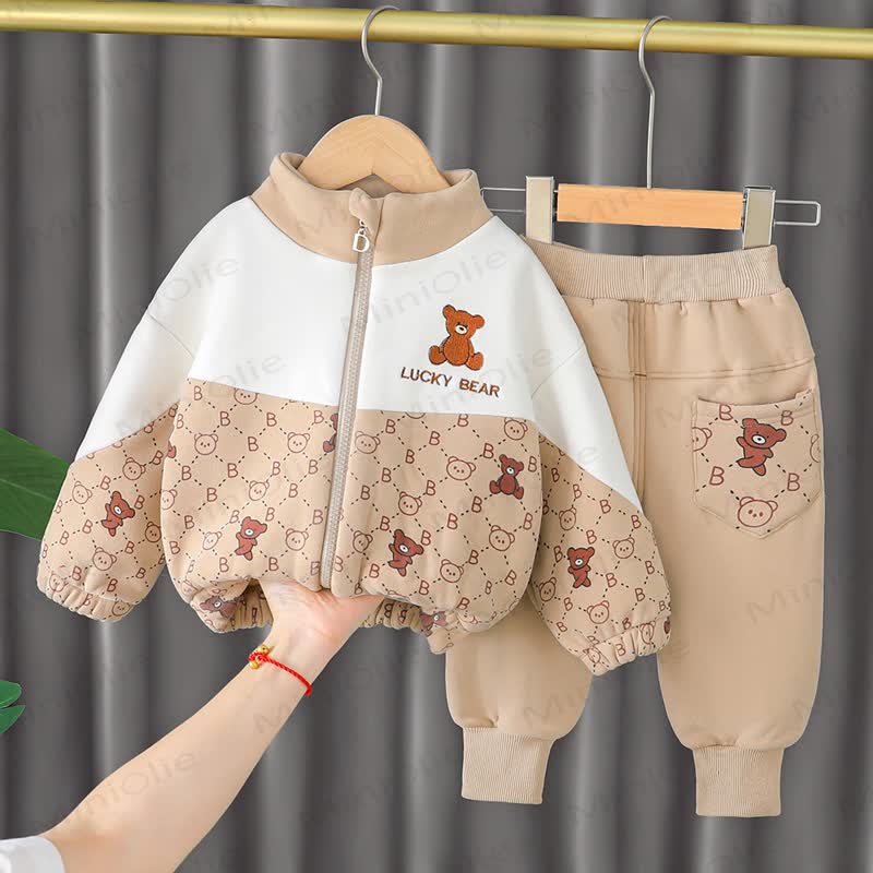 LUCKY BEAR Toddler Fleece Color Block Zip Jacket and Jogger Set - Beige - 4-5T - image 3