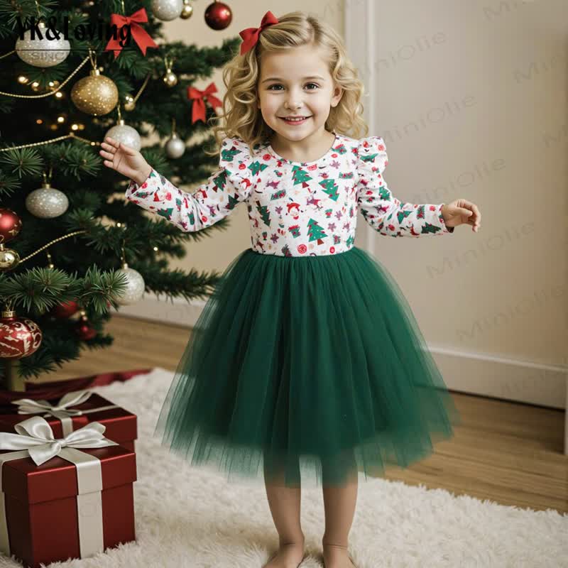 Toddler Girl Christmas Print Tulle Party Dress - image 1