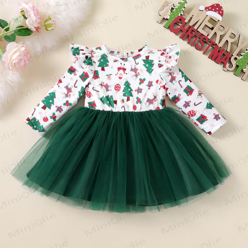 Toddler Girl Christmas Print Tulle Party Dress - Green - 6-7T - image 2