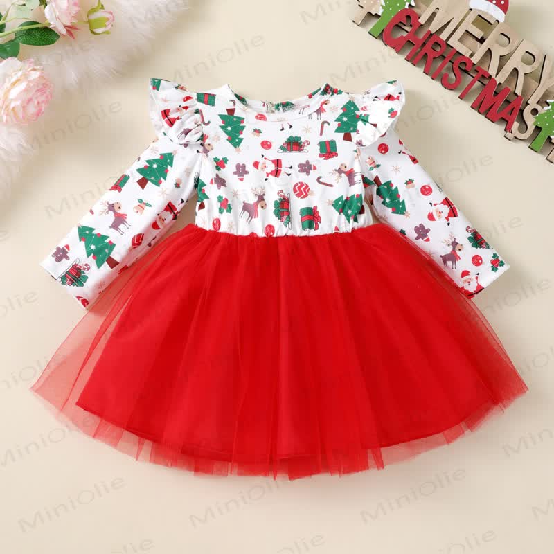 Toddler Girl Christmas Print Tulle Party Dress - Red - 6-7T - image 4