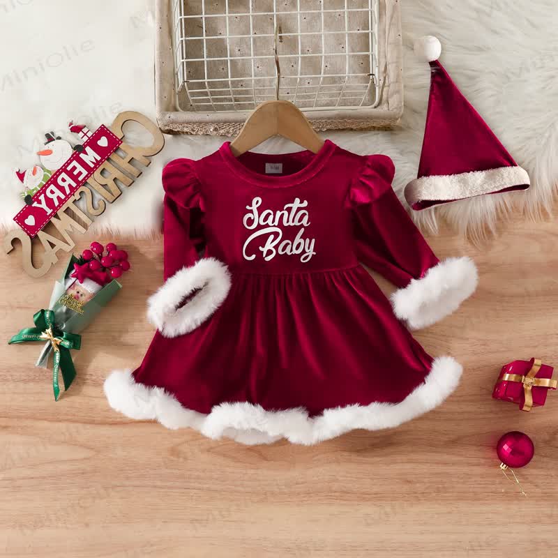 SANTA BABY Baby Girl Plush Trim Christmas Dress - image 1