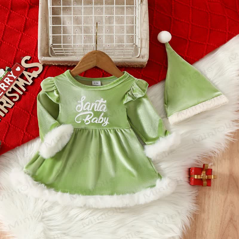 SANTA BABY Baby Girl Plush Trim Christmas Dress - Green - 18-24M - image 3