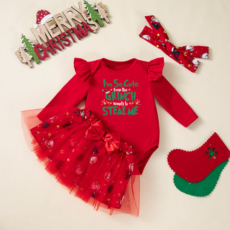 MERRY CHRISTMAS / I AM SO CUTE THE GRINCH WOULD STEAL ME. Baby Girl Christmas Ruffle Tulle Dress Bow Set - Red3 - 12-18M - image 5