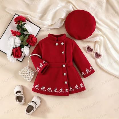Baby Girl Christmas Cape Dress Coat with the Matching Hat - Dark Red - 3-4T - image 1