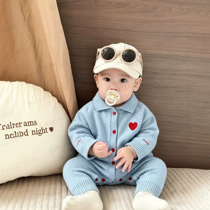 Baby Light Blue Heart Collar Fleece Cozy Romper - image 1