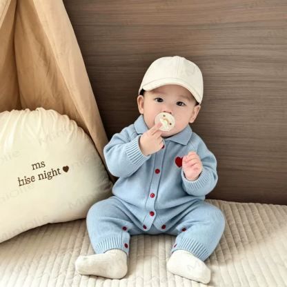 Baby Light Blue Heart Collar Fleece Cozy Romper - image 2