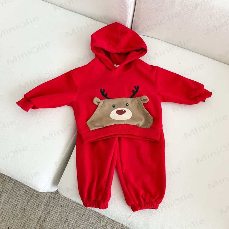Toddler Reindeer Pocket Hooded Sweatshirt and Pants Set - Red - 10-11T - image 2