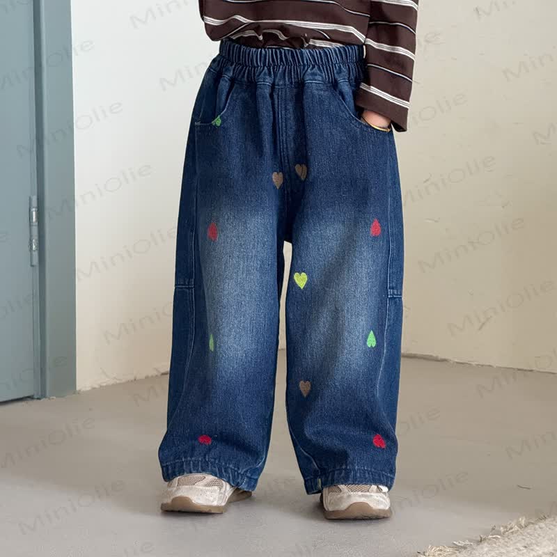 Toddler Colorful Heart Patch Straight Leg Denim Pants - Navy - 10-11T - image 3