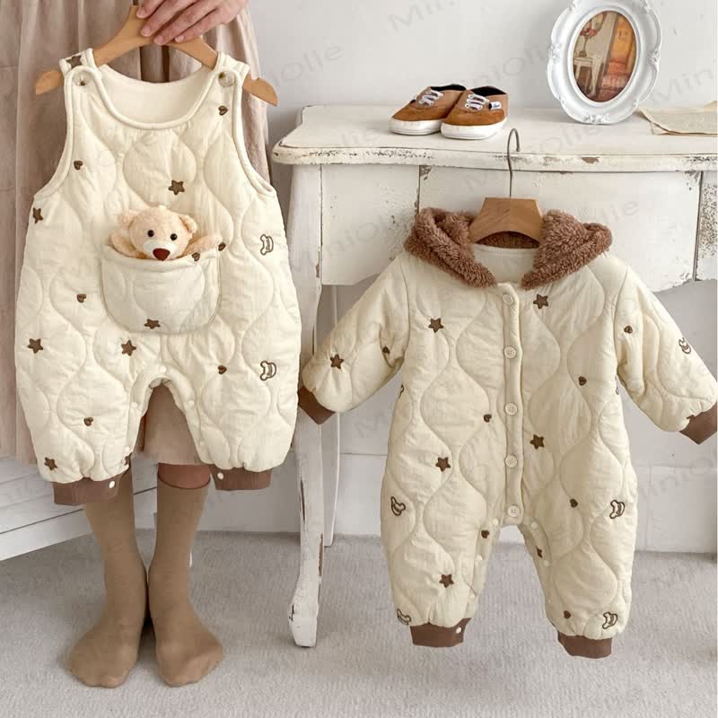 Baby Cozy Fleece Quilted Bear Pocket Hooded Romper or Brown Shirt - image 1