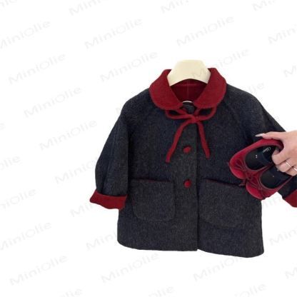 Toddler Girl Bow Black Collar Coat Dress - image 2