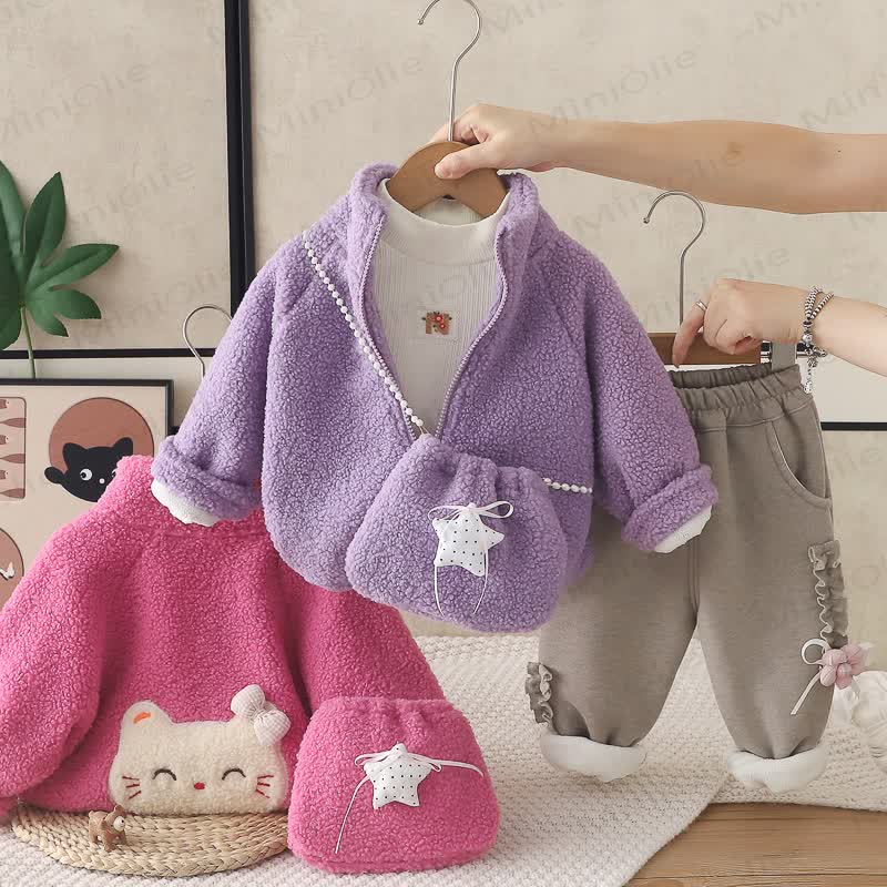 Toddler Girl Cat Sherpa Jacket and Pants 3-Piece Set with Bag - image 1