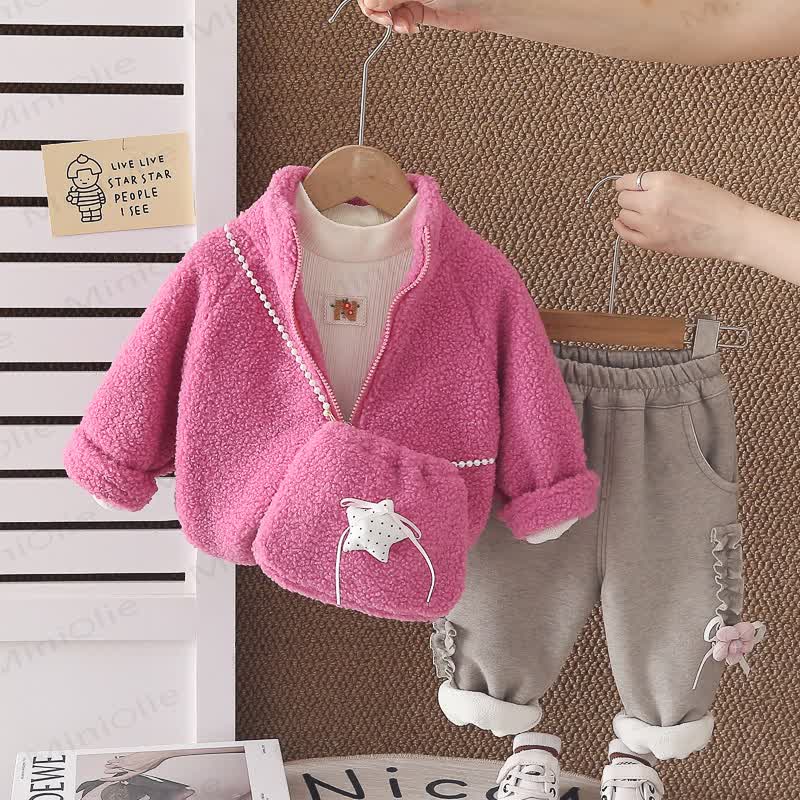 Toddler Girl Cat Sherpa Jacket and Pants 3-Piece Set with Bag - Pink - 4-5T - image 2