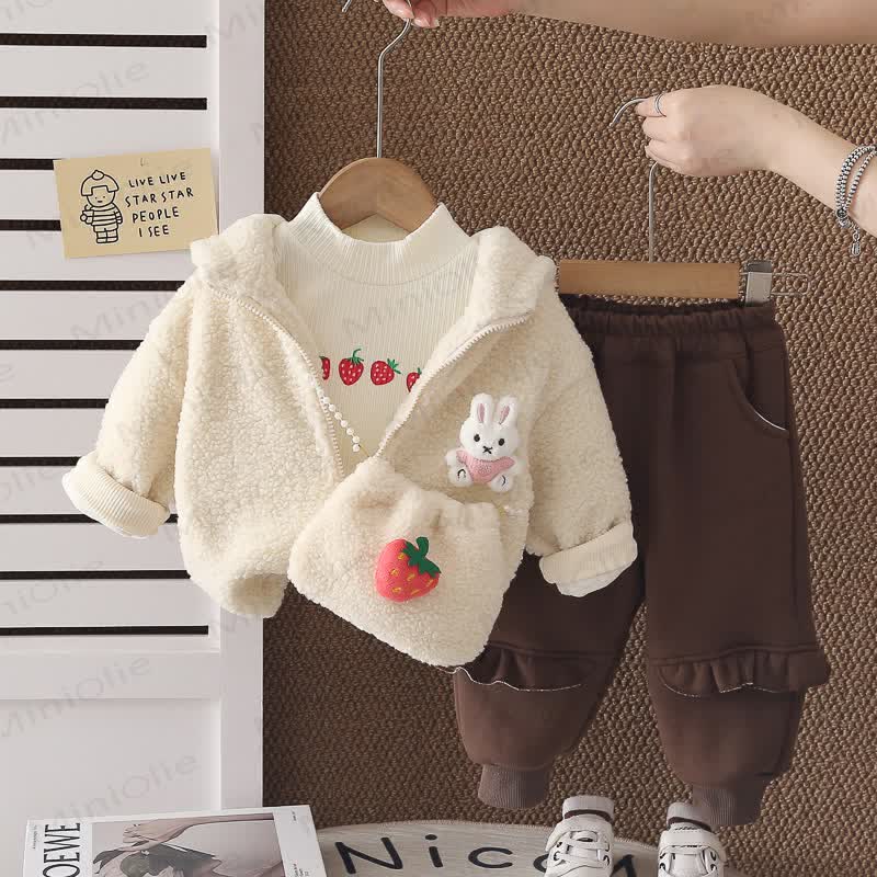 Toddler Strawberry Bunny Fleece Hooded 3-Piece Set - Beige - 4-5T - image 2