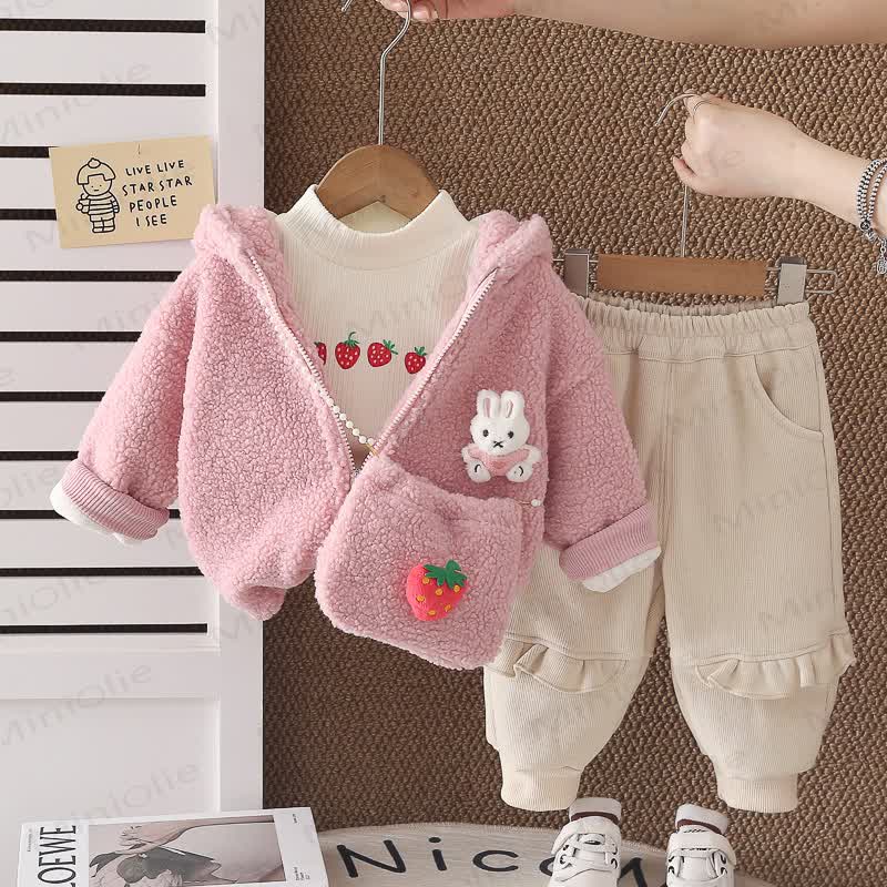Toddler Strawberry Bunny Fleece Hooded 3-Piece Set - Pink - 4-5T - image 3
