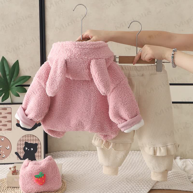 Toddler Strawberry Bunny Fleece Hooded 3-Piece Set - image 4