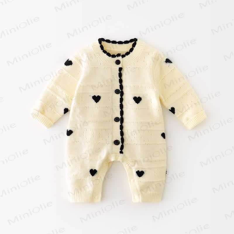 Baby Girl Heart Button Front Beige Romper - image 2