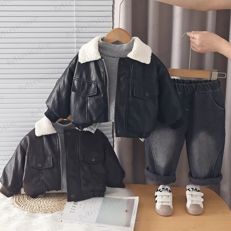 Toddler Sherpa Collar Faux Leather Jacket and Pants 3-Piece Set - image 1
