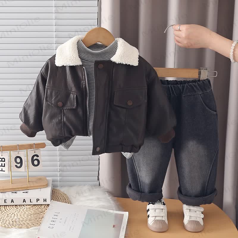Toddler Sherpa Collar Faux Leather Jacket and Pants 3-Piece Set - Brown - 4-5T - image 3