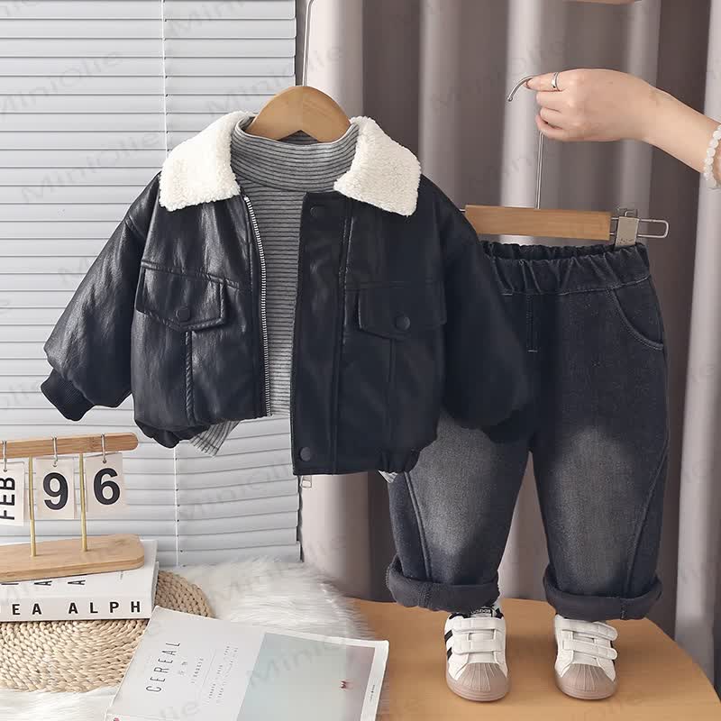 Toddler Sherpa Collar Faux Leather Jacket and Pants 3-Piece Set - Black - 4-5T - image 2