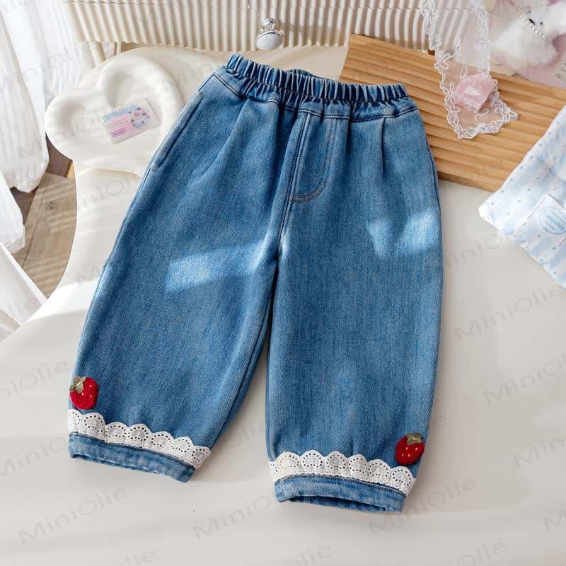 Toddler Girl Fruit Lace Trim Fleece Pants - Blue - 8-9T - image 1