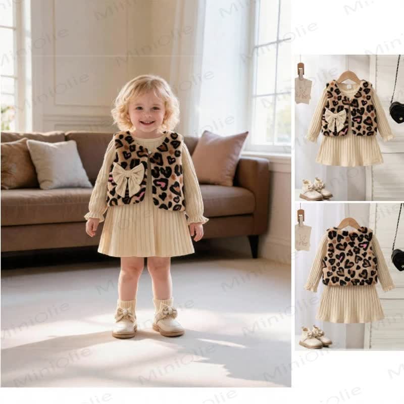 Baby Toddler Girl Leopard Heart Bow Vest and Beige Ribbed Dress Set - image 2