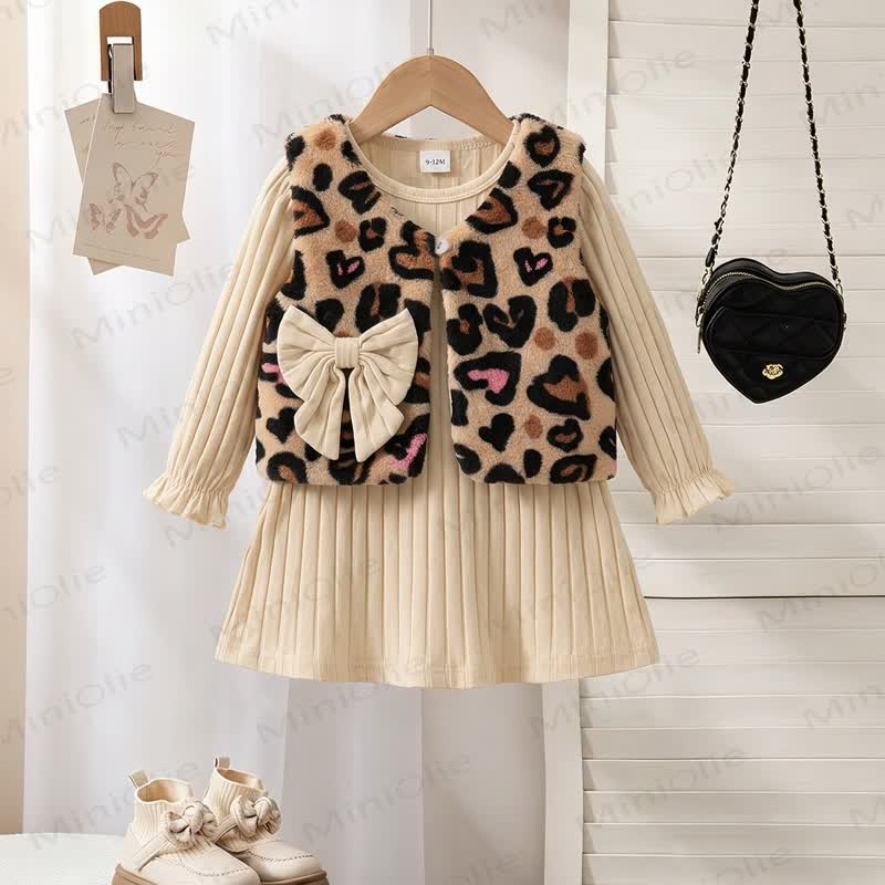 Baby Toddler Girl Leopard Heart Bow Vest and Beige Ribbed Dress Set - image 1