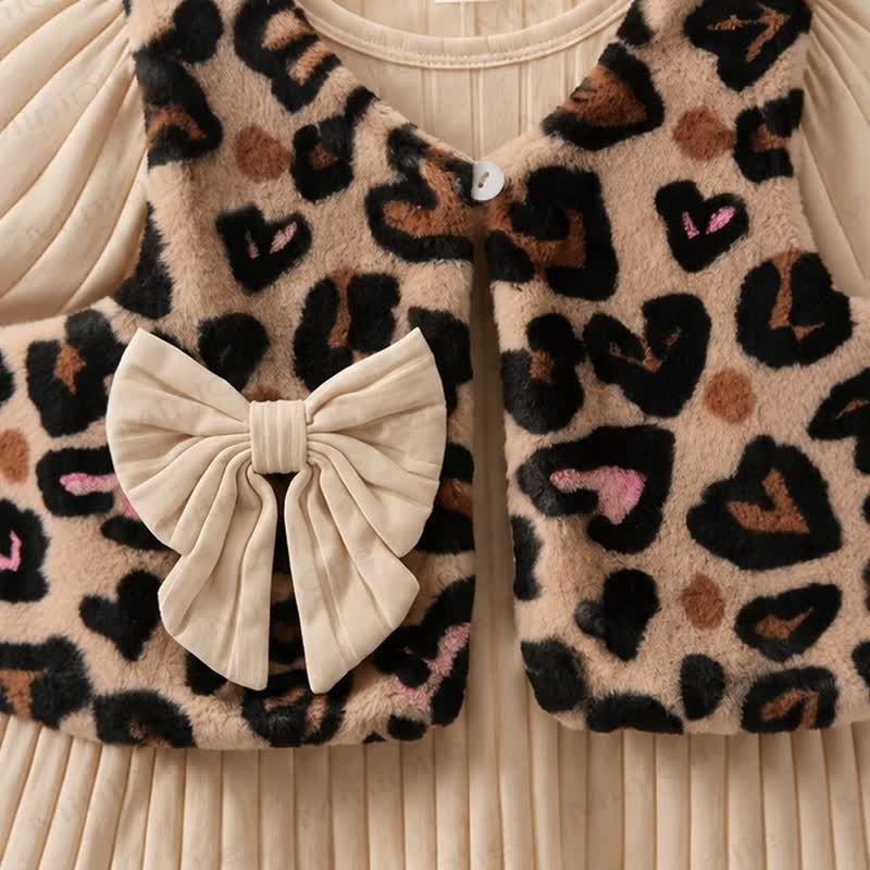 Baby Toddler Girl Leopard Heart Bow Vest and Beige Ribbed Dress Set - image 7