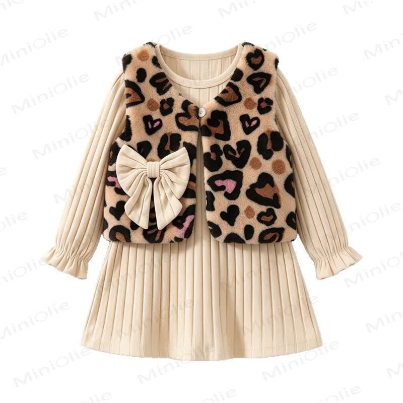 Baby Toddler Girl Leopard Heart Bow Vest and Beige Ribbed Dress Set - Beige - 2-3T - image 3