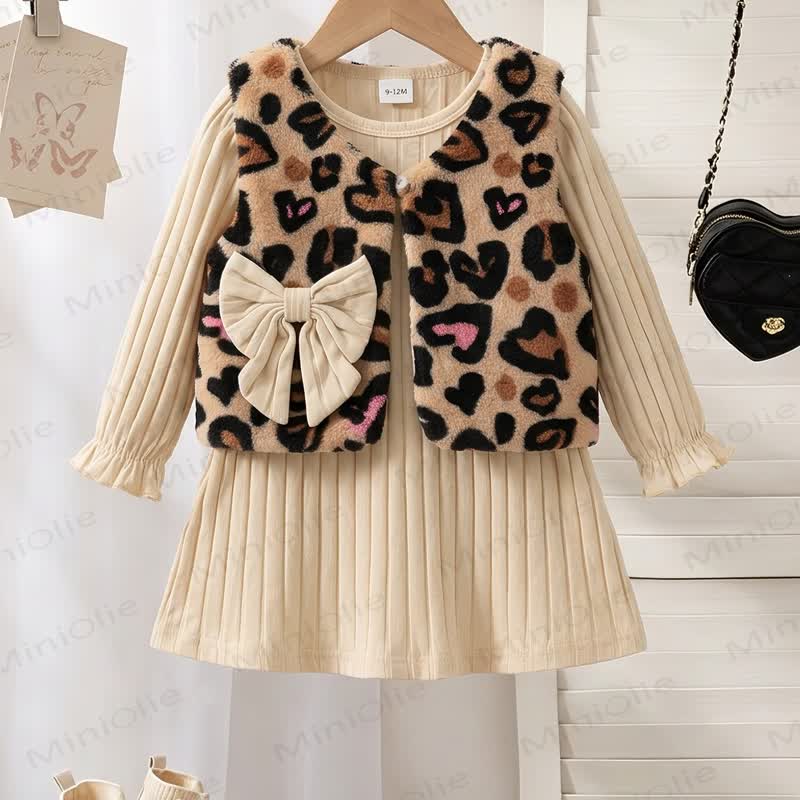Baby Toddler Girl Leopard Heart Bow Vest and Beige Ribbed Dress Set - image 4