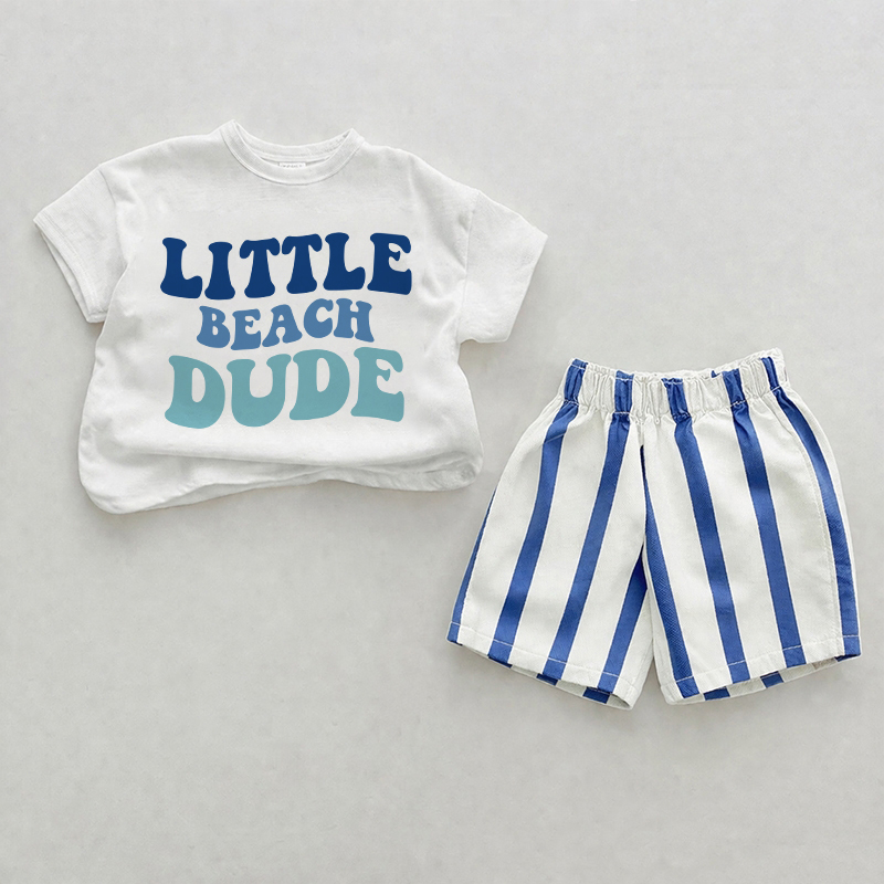LITTLE BEACH DUDE Baby Blue Vertical Striped 2-piece Shorts Set - White&Blue - 2-3T - image 1