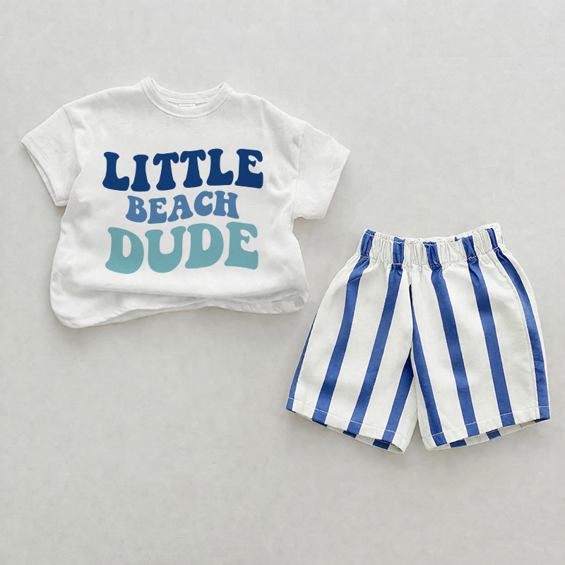 LITTLE BEACH DUDE Baby Blue Vertical Striped 2-piece Shorts Set - White&Blue - 2-3T - image 1