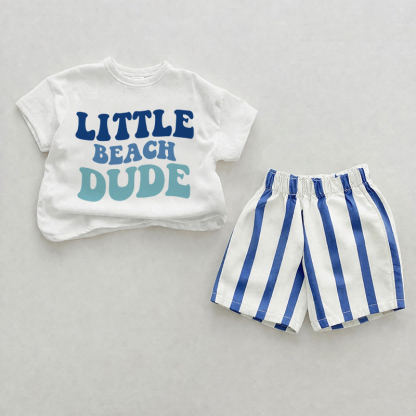 LITTLE BEACH DUDE Baby Blue Vertical Striped 2-piece Shorts Set - White&Blue - 2-3T - image 1
