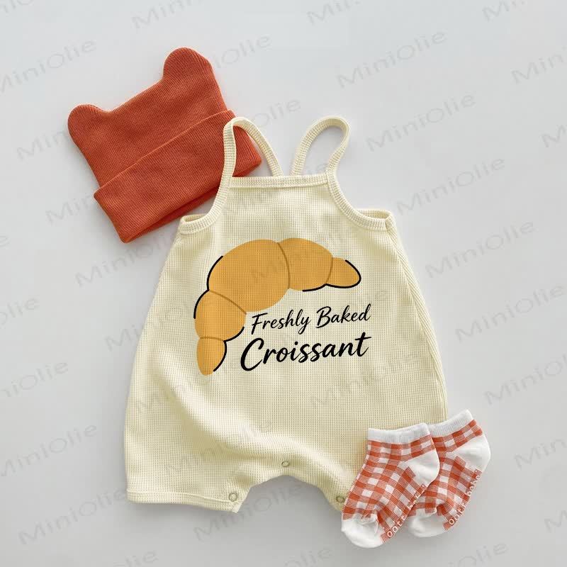 FRESHLY BAKED CROISSANT Baby Waffle Croissant Print Suspenders Romper - Beige - 18-24M - image 1