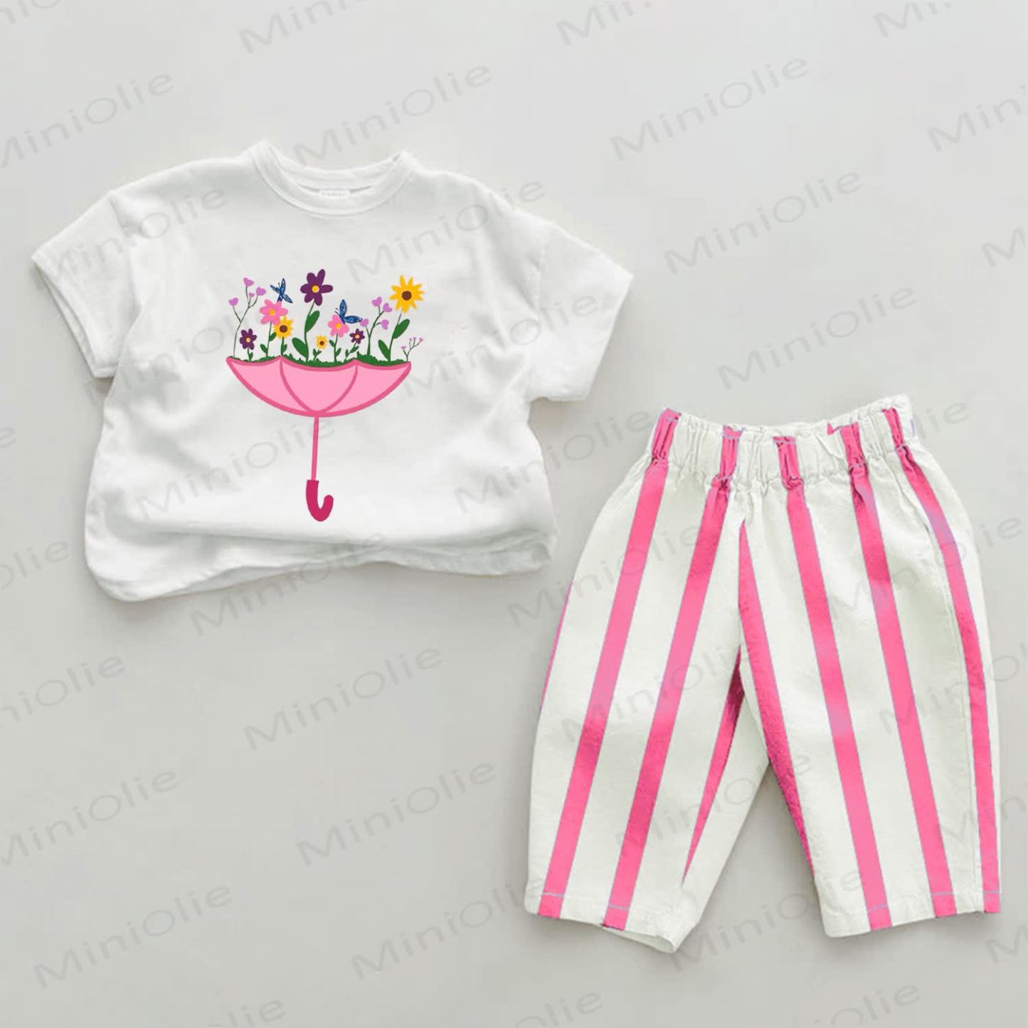 Baby Pink Umbrella Flower Vertical Striped 2-piece Set - White&Pink - 2-3T - image 1