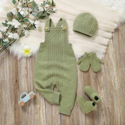 Baby Solid Color Knit Romper with Hat Socks Gloves - Light Green - 12-18M - image 8