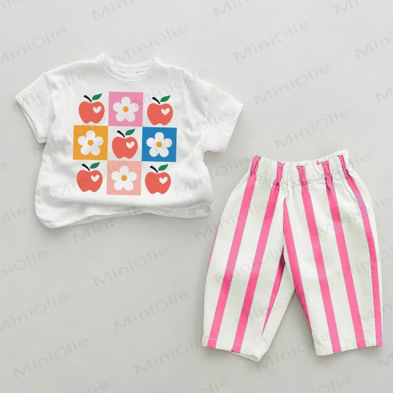 Baby Apple & Flowers Pink Vertical Striped 2-piece Set - White&Pink - 2-3T - image 1