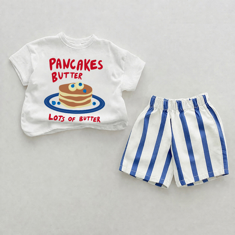 PANCAKES BUTTER LOTS OF BUTTER Baby Blue Vertical Striped 2-piece Shorts Set - White&Blue - 2-3T - image 1