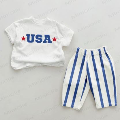 USA Baby Blue Vertical Striped Pants 2-piece Set - White&Blue - 2-3T - image 1