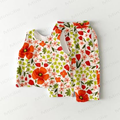 Baby Toddler Beige Flower Print Sleeveless 2-piece Set - Beige - 5-7T - image 1